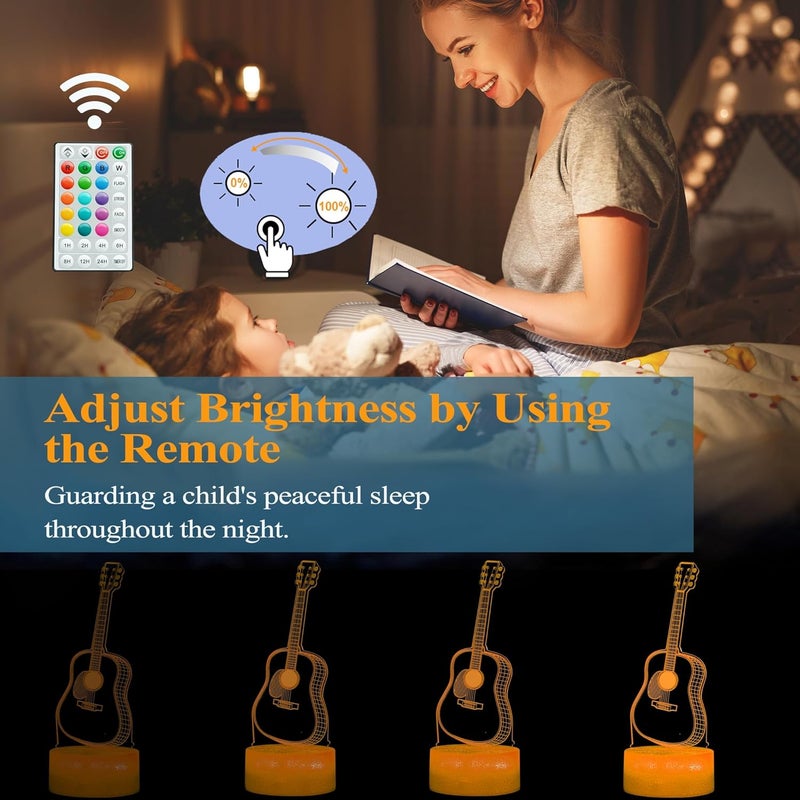 Posshe Guitar Night Light, Guitar Gifts, 3D Illusion Night Light with 16 Colors Changing, Remote Control with Timer, Kids Room Decoration for Holiday Birthday Christmas - Image 3
